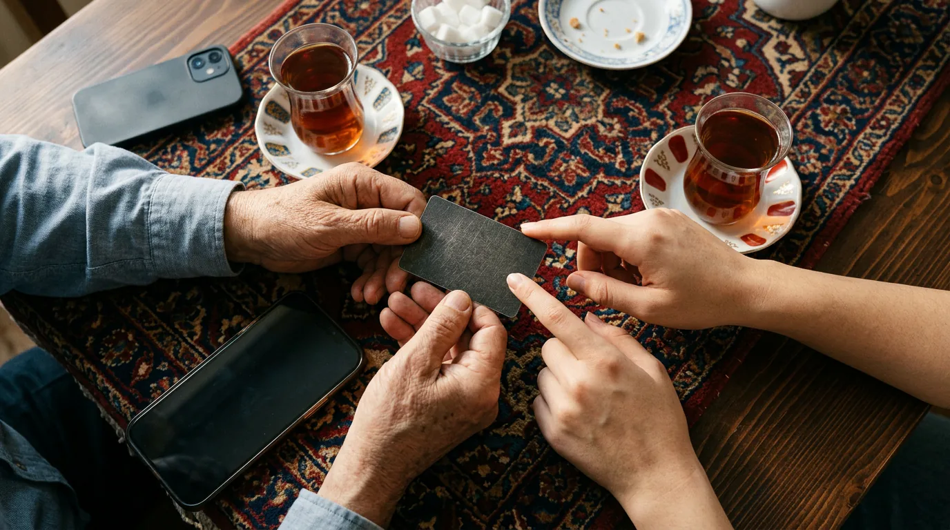 دو دست، یکی مسن و یکی جوان، کنار استکان‌های چای در حال صحبت درباره کارت هدیه