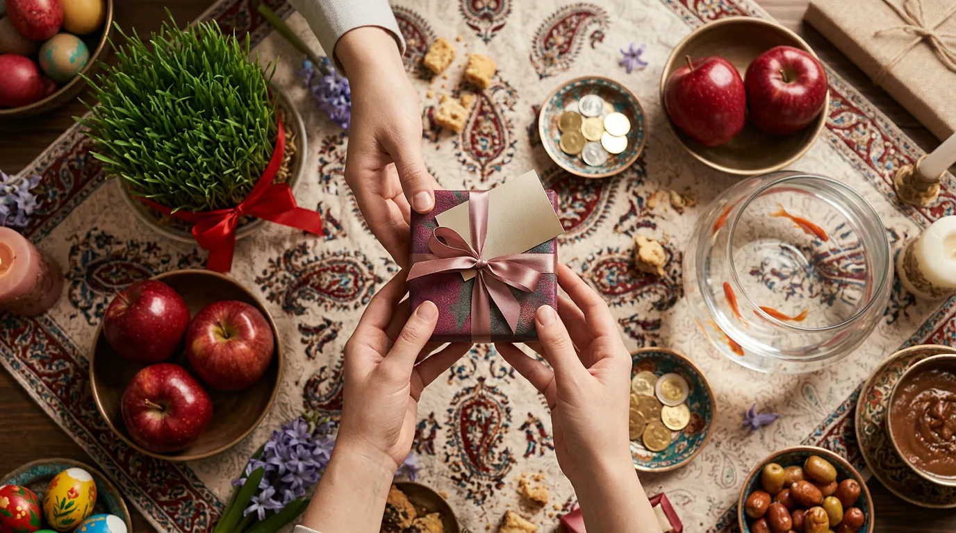 لحظه دادن هدیه کنار سفره هفتسین نوروز با کارت هدیه زیر روبان